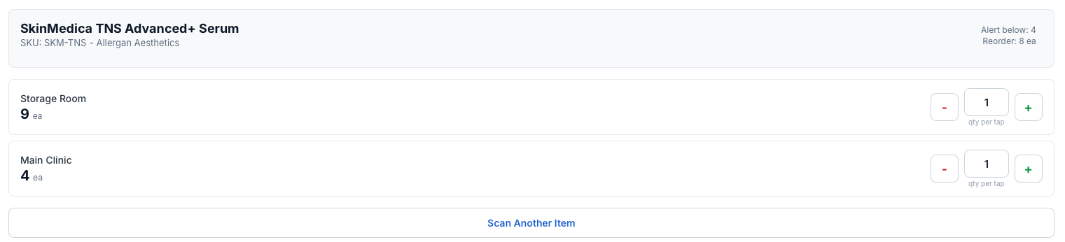 Scanner result card for a SkinMedica serum from Allergan Aesthetics: alert level, reorder quantity, counts at the storage room and the main clinic, and plus and minus controls