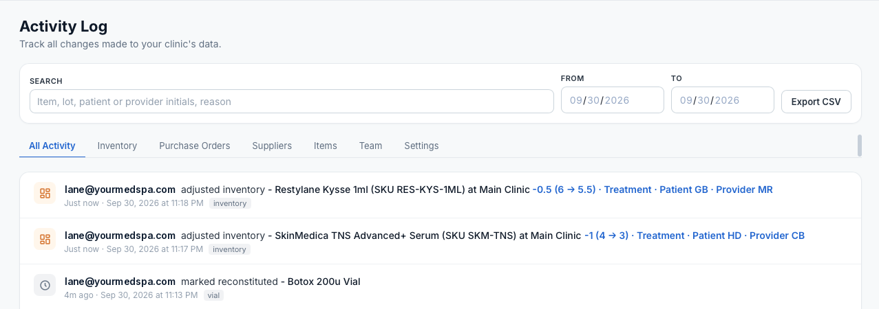 Activity Log: a filler deduction and a serum deduction with before and after counts, treatment reason, patient and provider initials, and a vial marked reconstituted